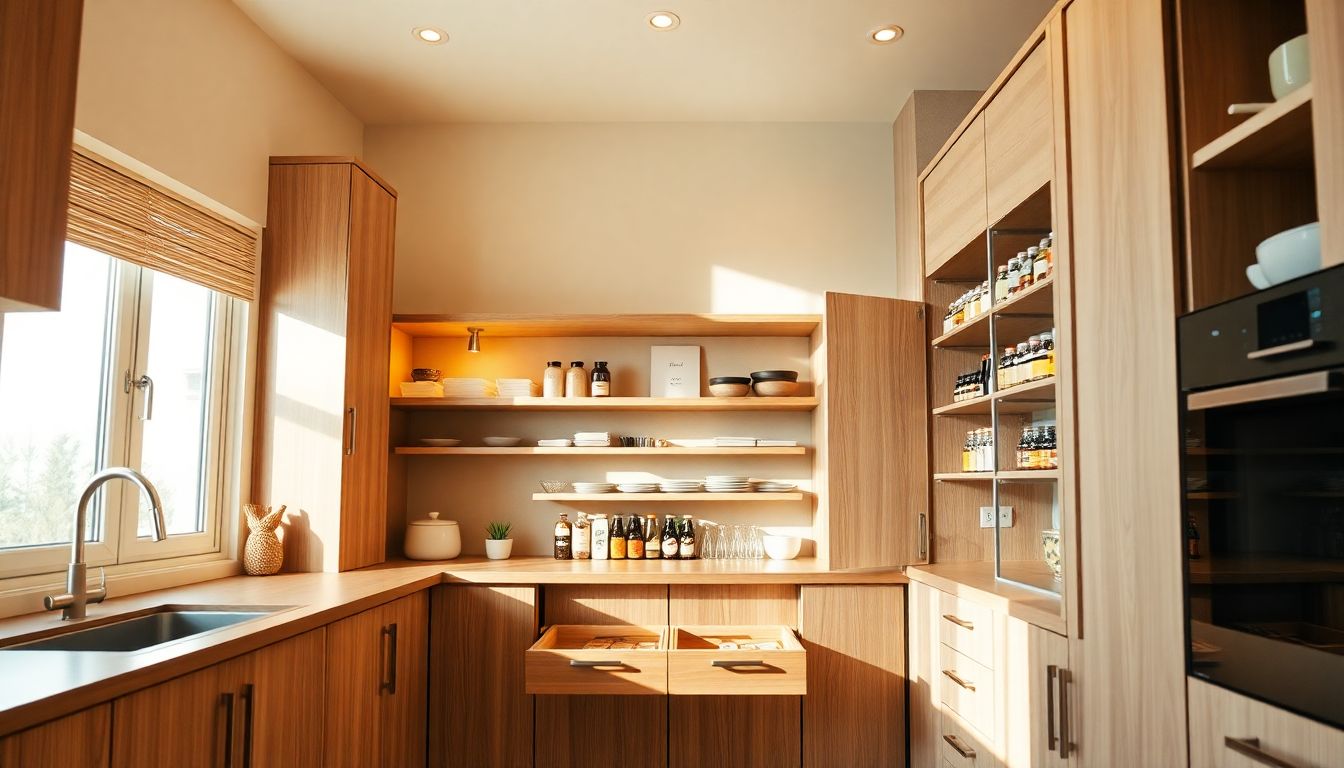 Wide-angle shot of functional European kitchen cabinets interior, featuring pull-out wooden drawers and organized spice racks in a sunlit contemporary kitchen with warm ambient lighting.
