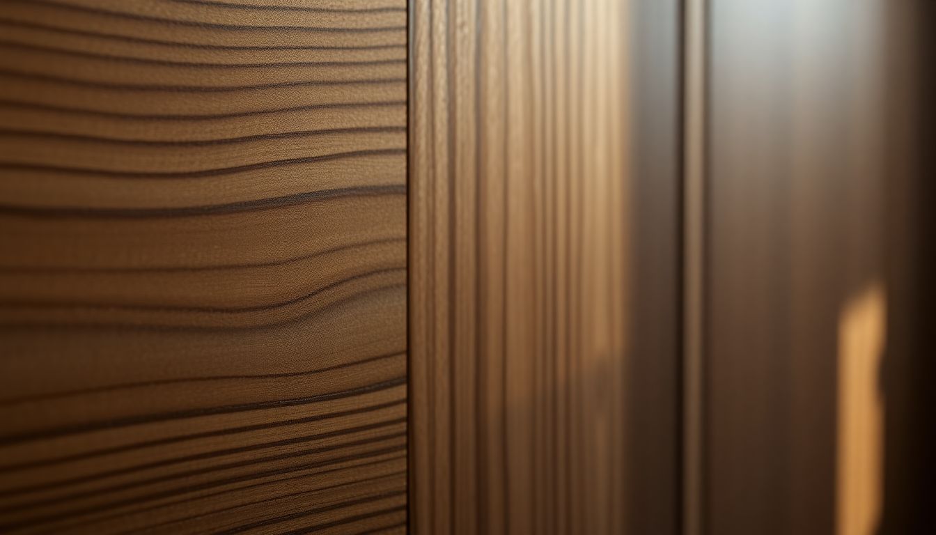 Abstract close-up of high-end cabinetry materials featuring layered wood textures and protective coatings illuminated by dramatic side lighting, emphasizing depth and resilience in luxury home cabinetry.