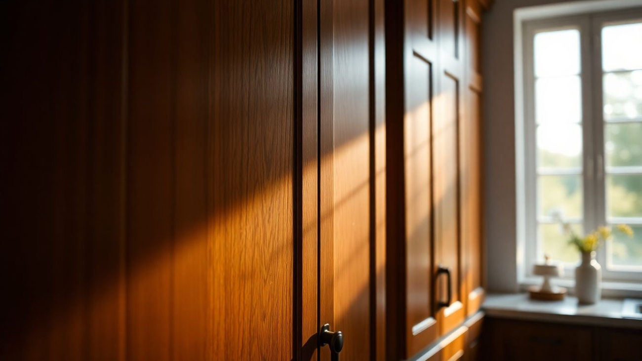 Close-up view of high-end cabinetry with sleek wooden doors showcasing fine grain textures and subtle wood tones in a modern luxury home kitchen, under soft natural light with bokeh background.