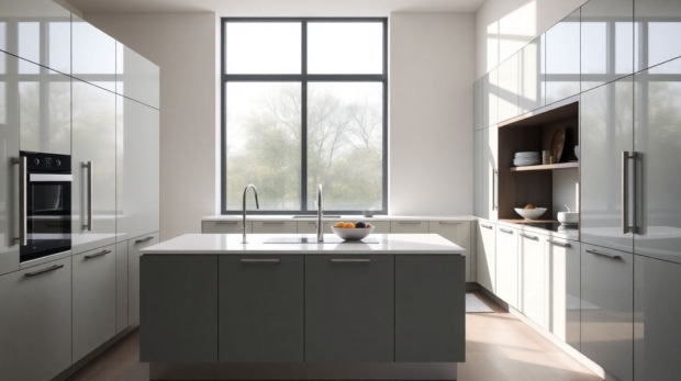 Wide-angle view of a modern luxury kitchen featuring high-end kitchen cabinets with smooth matte finishes and integrated handles, captured in soft diffused morning light through large windows, emphasizing clean lines and spatial harmony in a serene setting.