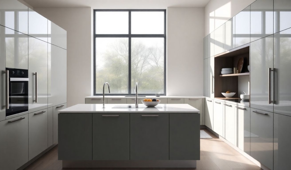 Wide-angle view of a modern luxury kitchen featuring high-end kitchen cabinets with smooth matte finishes and integrated handles, captured in soft diffused morning light through large windows, emphasizing clean lines and spatial harmony in a serene setting.