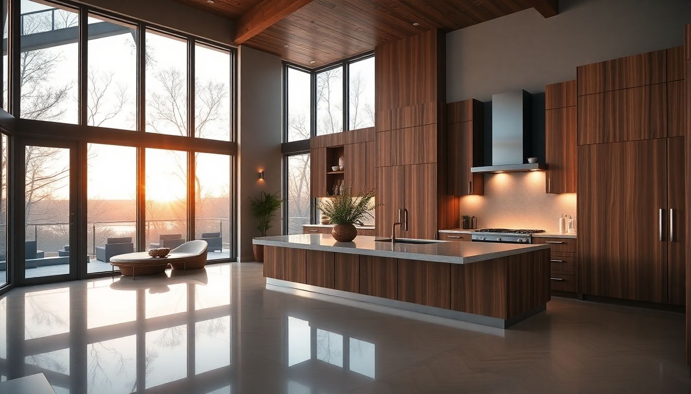 Expansive wide-angle shot of high-end luxury home cabinetry featuring European cabinetry design, seamlessly integrated in an open-plan living space with harmonious wood tones, clean lines, and subtle reflections under diffused evening light from large windows.