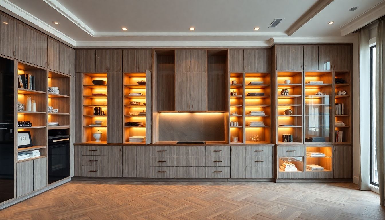 Wide-angle view of high-end cabinetry in a luxury home interior, featuring European cabinetry with modular shelving, integrated compartments, and warm ambient lighting from recessed sources in a serene environment.