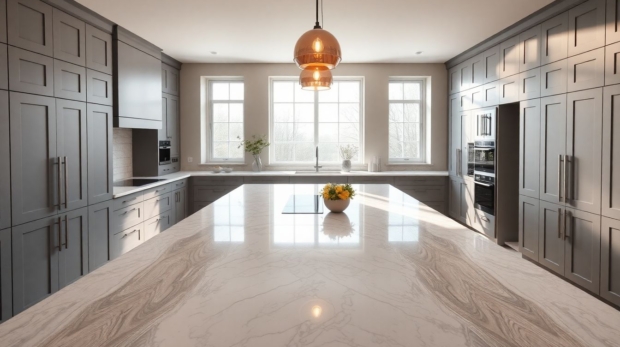 Spacious luxury kitchen design in a contemporary home featuring European cabinetry with sleek matte gray cabinets, a large marble island under warm pendant lights, wide-angle view of open layout with natural morning sunlight streaming through floor-to-ceiling windows overlooking a garden.