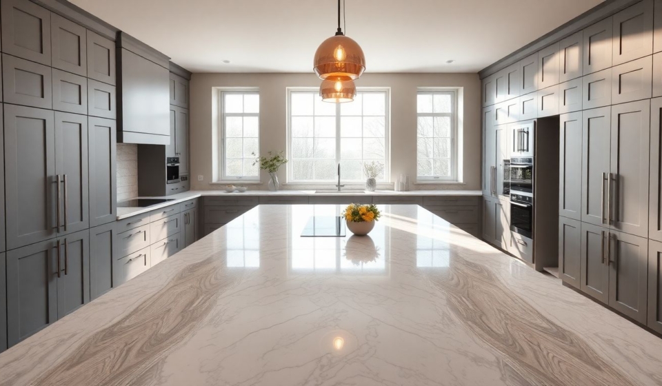 Spacious luxury kitchen design in a contemporary home featuring European cabinetry with sleek matte gray cabinets, a large marble island under warm pendant lights, wide-angle view of open layout with natural morning sunlight streaming through floor-to-ceiling windows overlooking a garden.