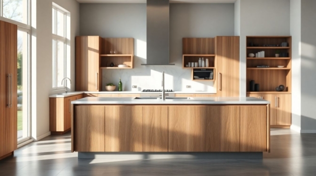 Wide-angle view of a designer kitchen island featuring sleek European cabinetry in oak with subtle grain patterns, polished marble countertops glowing under soft natural light, embodying luxury kitchen design in a minimalist style.