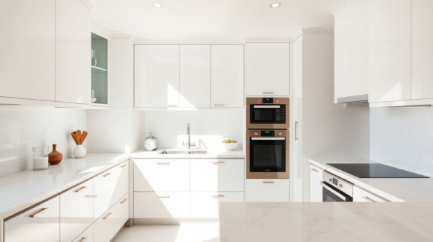 A serene compact luxury kitchen featuring glossy white European kitchen cabinets and marble counters, with soft natural light creating an airy mood to maximize kitchen space.