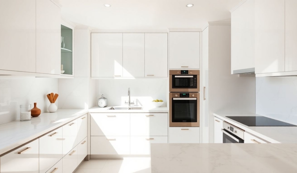 A serene compact luxury kitchen featuring glossy white European kitchen cabinets and marble counters, with soft natural light creating an airy mood to maximize kitchen space.