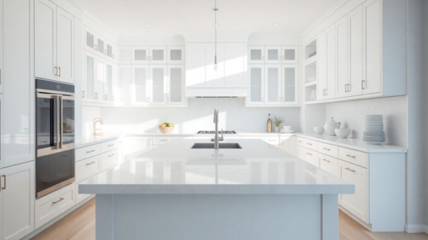 Wide-angle view of a spacious luxury white kitchen with timeless white cabinetry, glossy cabinets, marble countertops, and a large island, bathed in soft natural daylight for an elegant kitchen design.
