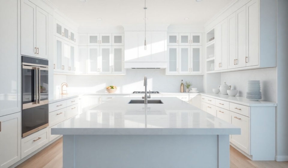 Wide-angle view of a spacious luxury white kitchen with timeless white cabinetry, glossy cabinets, marble countertops, and a large island, bathed in soft natural daylight for an elegant kitchen design.