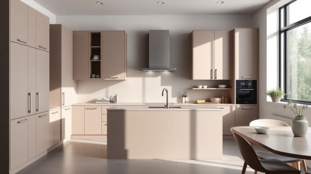 Close wide view of a modern European kitchen cabinets Houston layout in natural daylight, showcasing matte lacquered surfaces, integrated handles, full-height tall cabinets, base run, and an island with open shelving, minimal style with neutral colors and crisp textures.