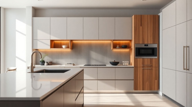 Wide-angle interior view of a modern European kitchen design showcasing luxury kitchen cabinetry in Houston, featuring matte lacquer panels, warm wood veneer, and brushed metal trim with soft natural light.
