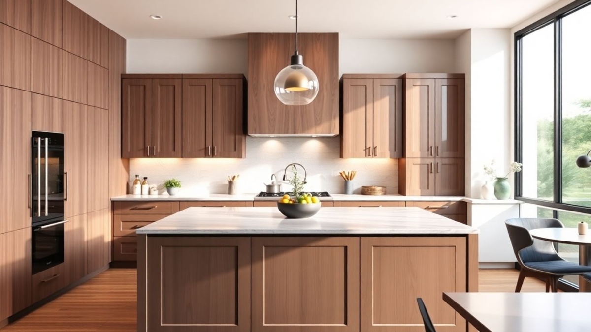 Wide-angle view of a modern kitchen design featuring high-end European cabinets in Houston style, centered around a minimalist island, bathed in soft natural light with subtle warm highlights for a luxurious balance.