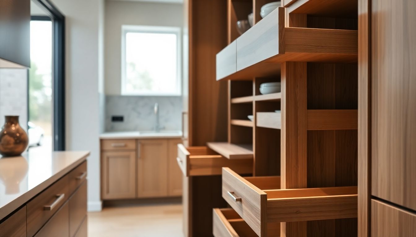 Interior view of open kitchen drawers and pullout pantry in a modern kitchen design with European cabinets Houston, showcasing luxury kitchen balance through efficient organized storage systems, lit by strong side light.