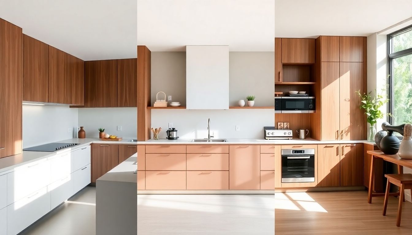 Triptych-style editorial photograph of three modern kitchen designs balancing minimalism, functionality, and warmth: flush minimalist kitchen, active workspace with open shelving, and warm wood accents with hidden appliances, inspired by European cabinets in Houston, natural window light, no people present.